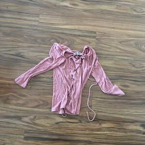 Ribbed V-Neck crisscross long sleeve Top - Dusty pink Rose